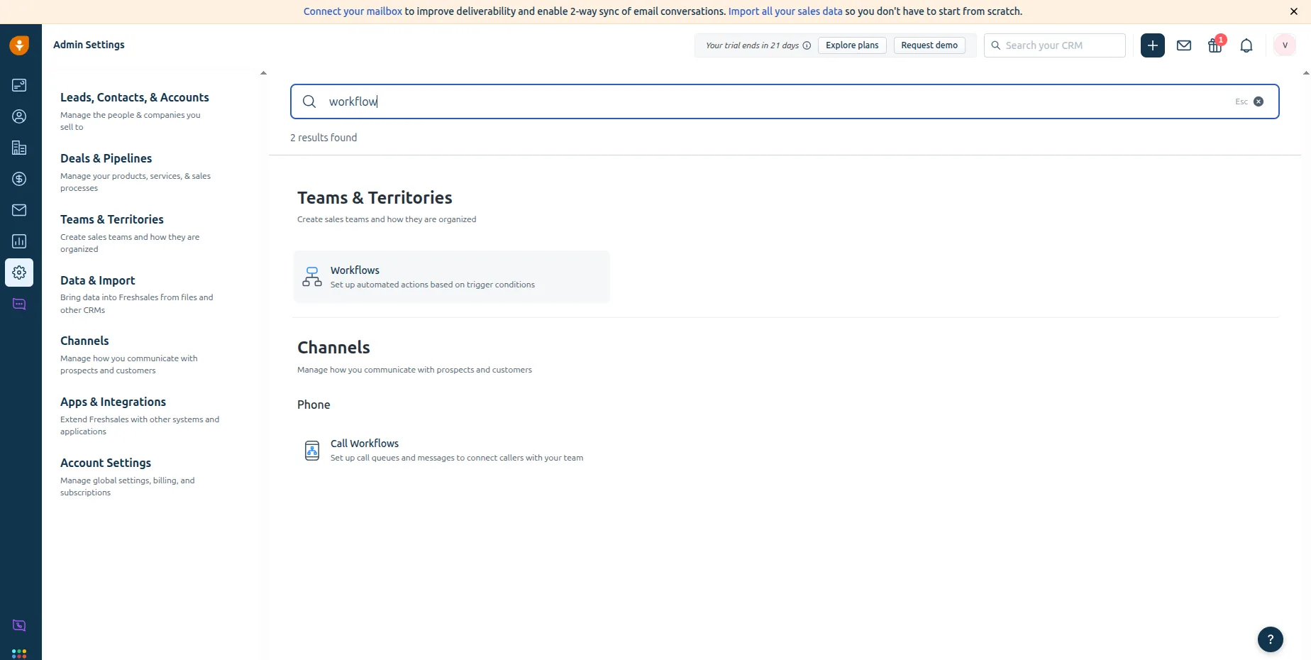 Freshworks Admin Settings searched for workflow, showing the Workflows setting under Teams and Territories