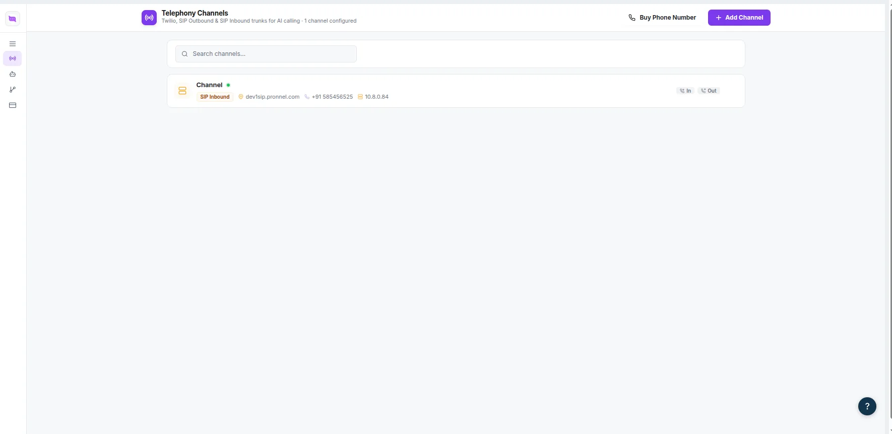 Telephony Channels in Freshworks showing one configured SIP Inbound channel, with In and Out tags