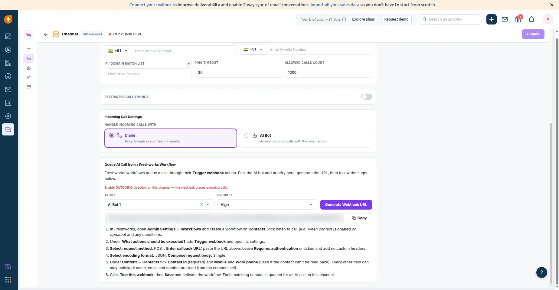 The Queue AI Call from a Freshworks Workflow card on a channel, with an AI bot and High priority selected, a generated webhook URL and the Copy button