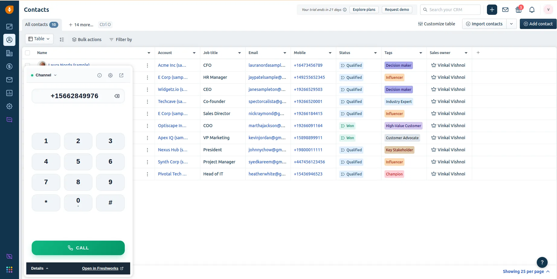 The Convarza dialer open over Freshworks CRM Contacts, with a channel selected, a number entered and the Call button