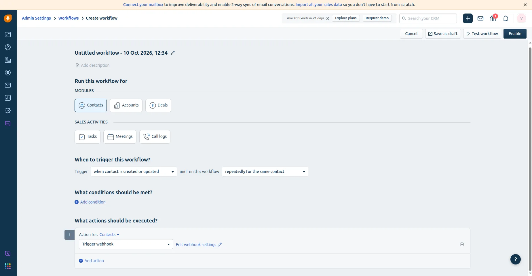 A Freshworks workflow on Contacts that runs when a contact is created or updated, with a Trigger webhook action and the Edit webhook settings link