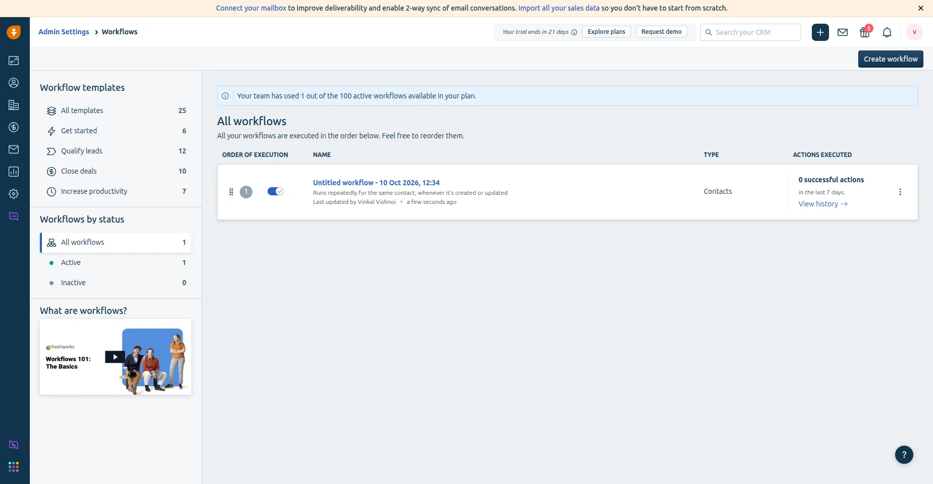 The Freshworks All workflows list showing the new Contacts workflow enabled