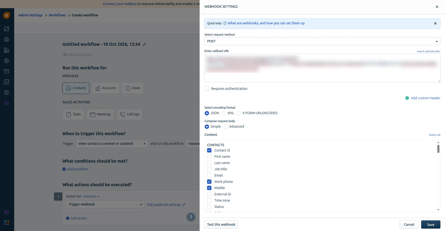 Freshworks Webhook Settings: POST method, the Convarza callback URL, JSON encoding, Simple body, and Contact id, Work phone and Mobile ticked under Contacts