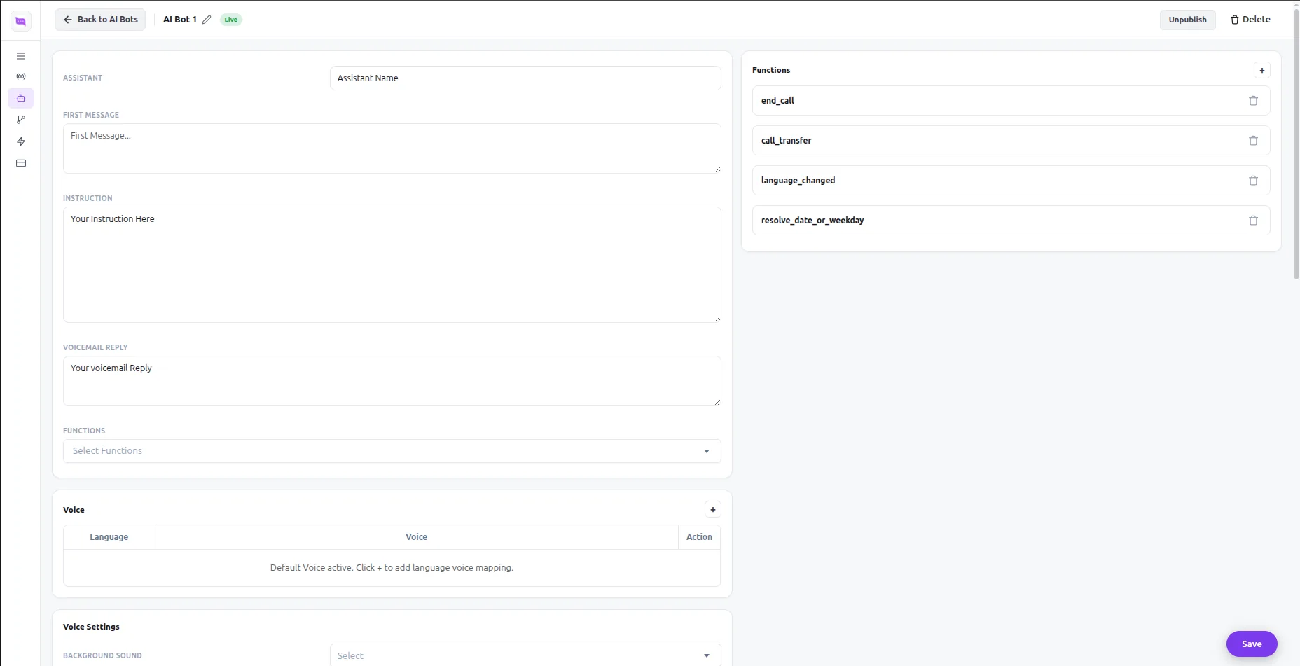 The AI Bot editor: assistant name, first message, instruction, voicemail reply and functions