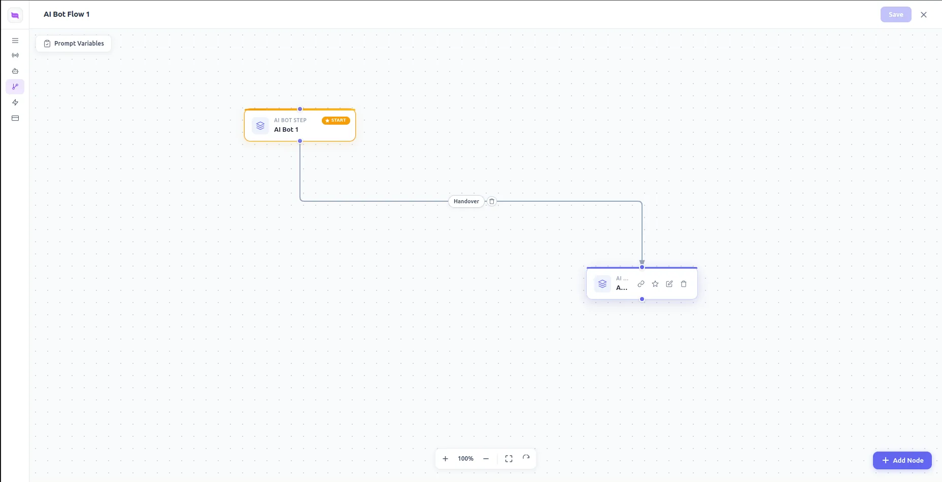 An AI Bot Flow with two AI Bot Step nodes connected by a Handover