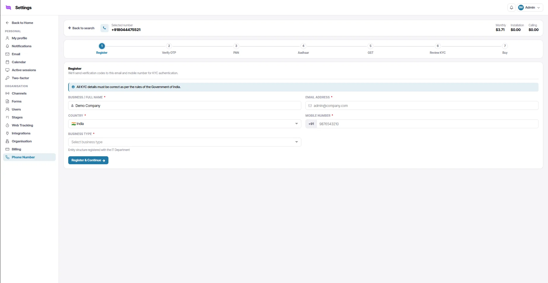 The KYC wizard for a selected number: Register, Verify OTP, PAN, Aadhaar, GST, Review KYC and Buy, on the Register step