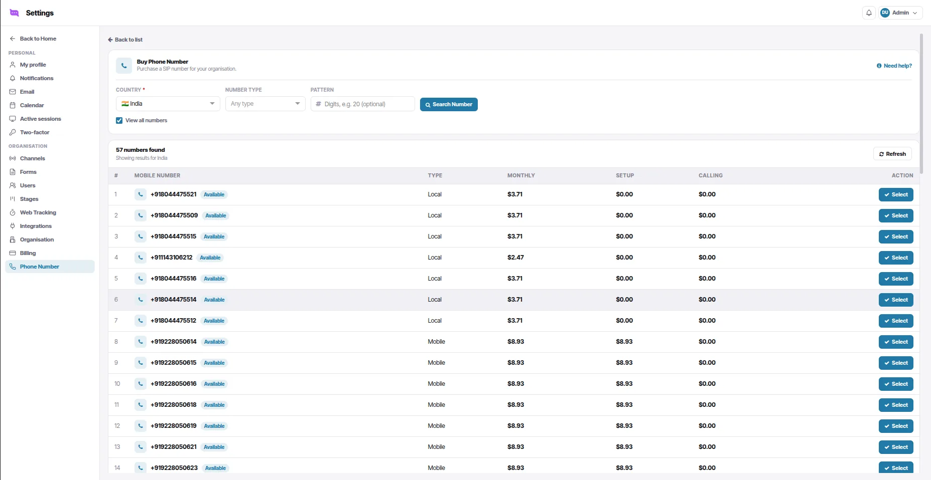 Buy Phone Number search results for India, listing local and mobile numbers with monthly, setup and calling prices and a Select button