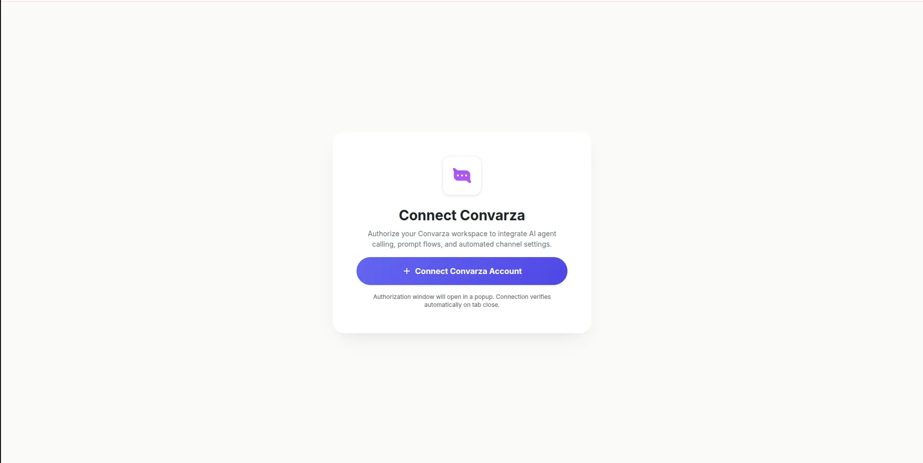 The Connect Convarza screen, with the Connect Convarza Account button