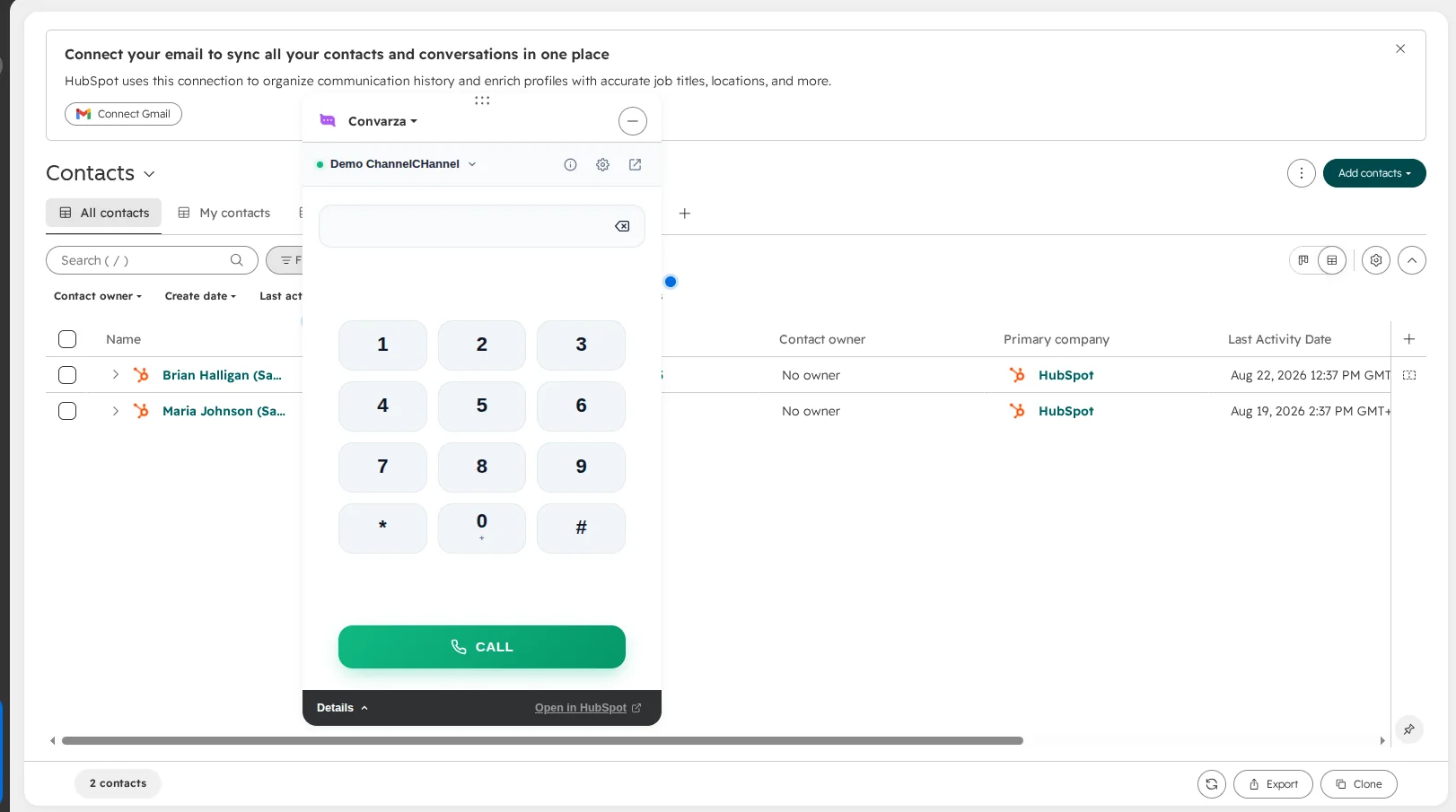 The Convarza dialer open inside HubSpot Contacts, with a channel selected and a Call button