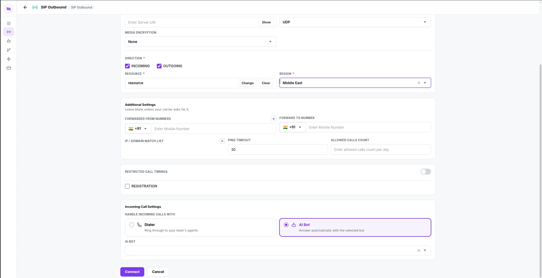 Incoming Call Settings on a channel, choosing between Dialer and AI Bot