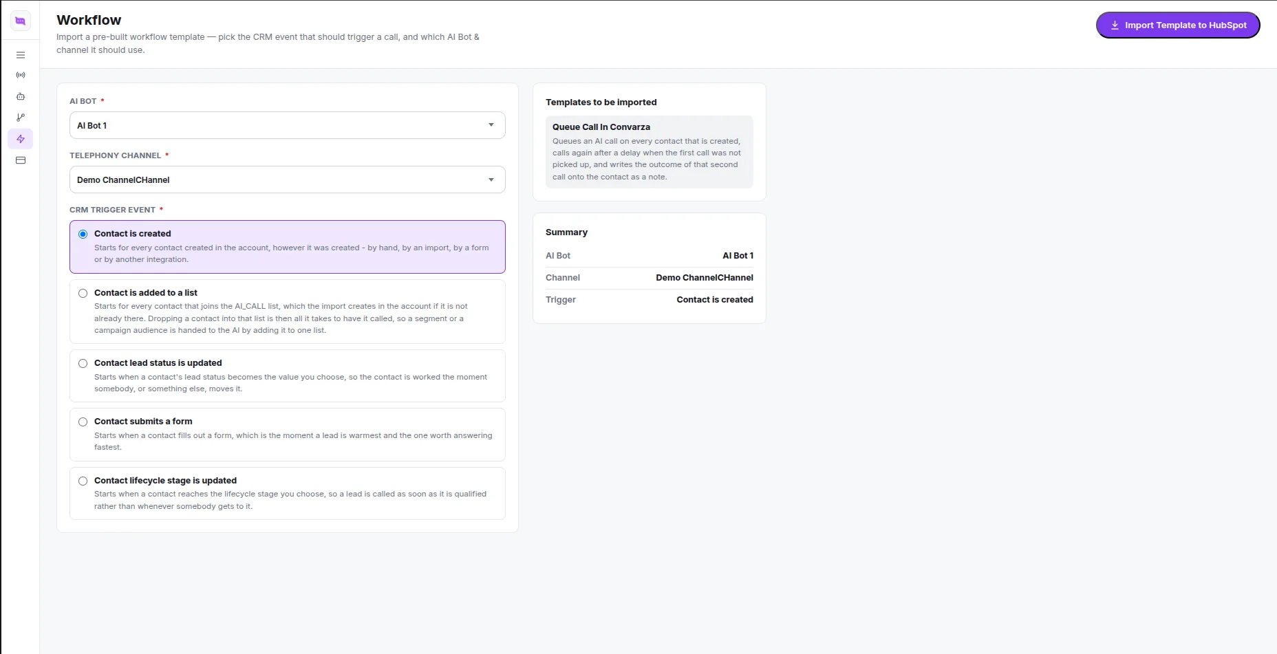 The Workflow page: AI Bot and channel selected, Contact is created chosen as the trigger, with a template to import
