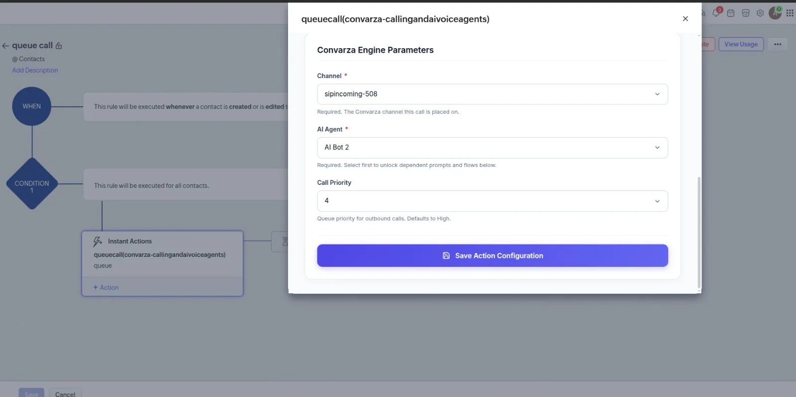 The queuecall action in a Zoho CRM workflow rule, showing the Channel, AI Agent and Call Priority fields and the Save Action Configuration button