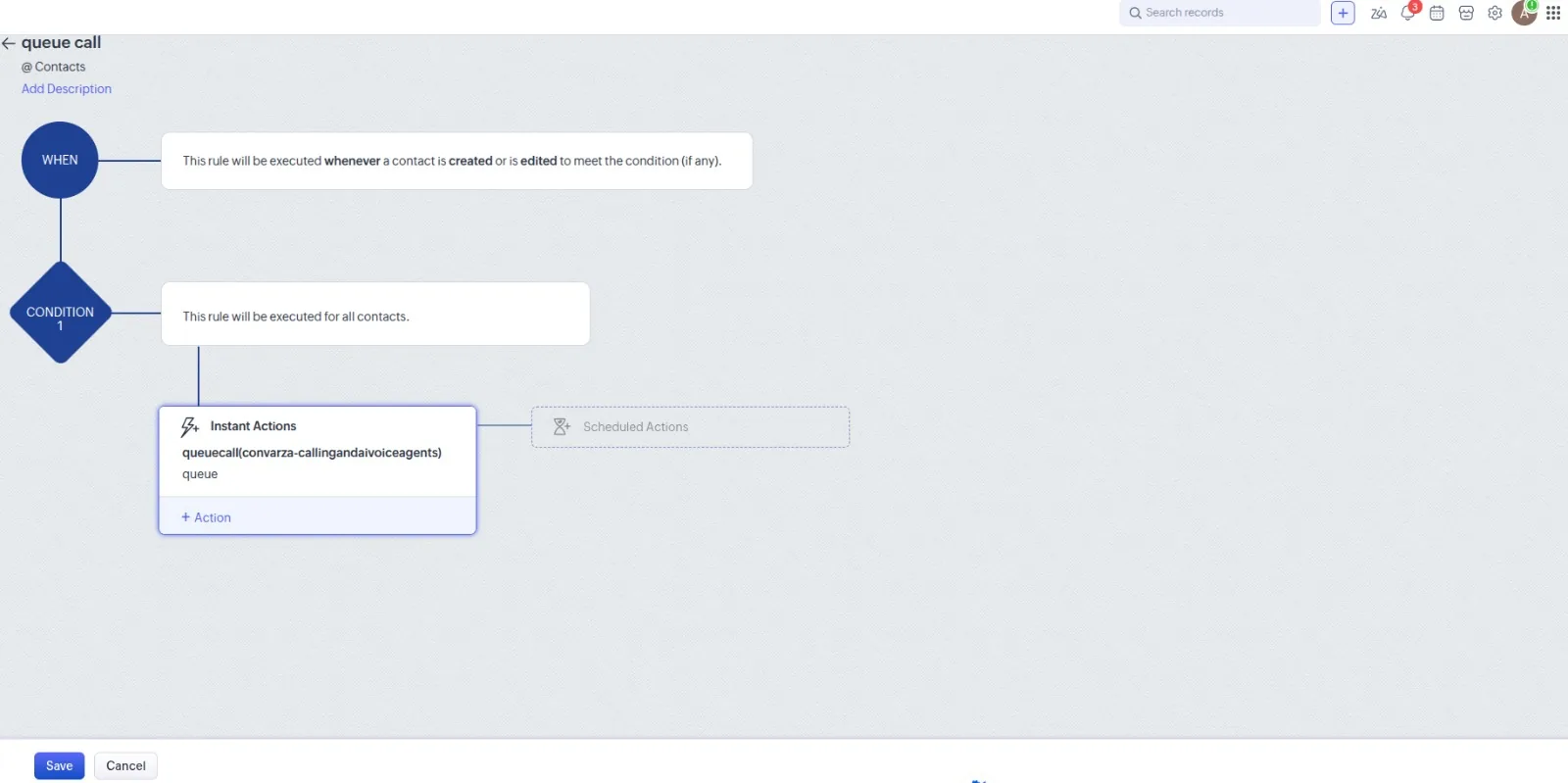 A Zoho CRM workflow rule on Contacts that runs when a contact is created or edited, with the queuecall Convarza action under Instant Actions