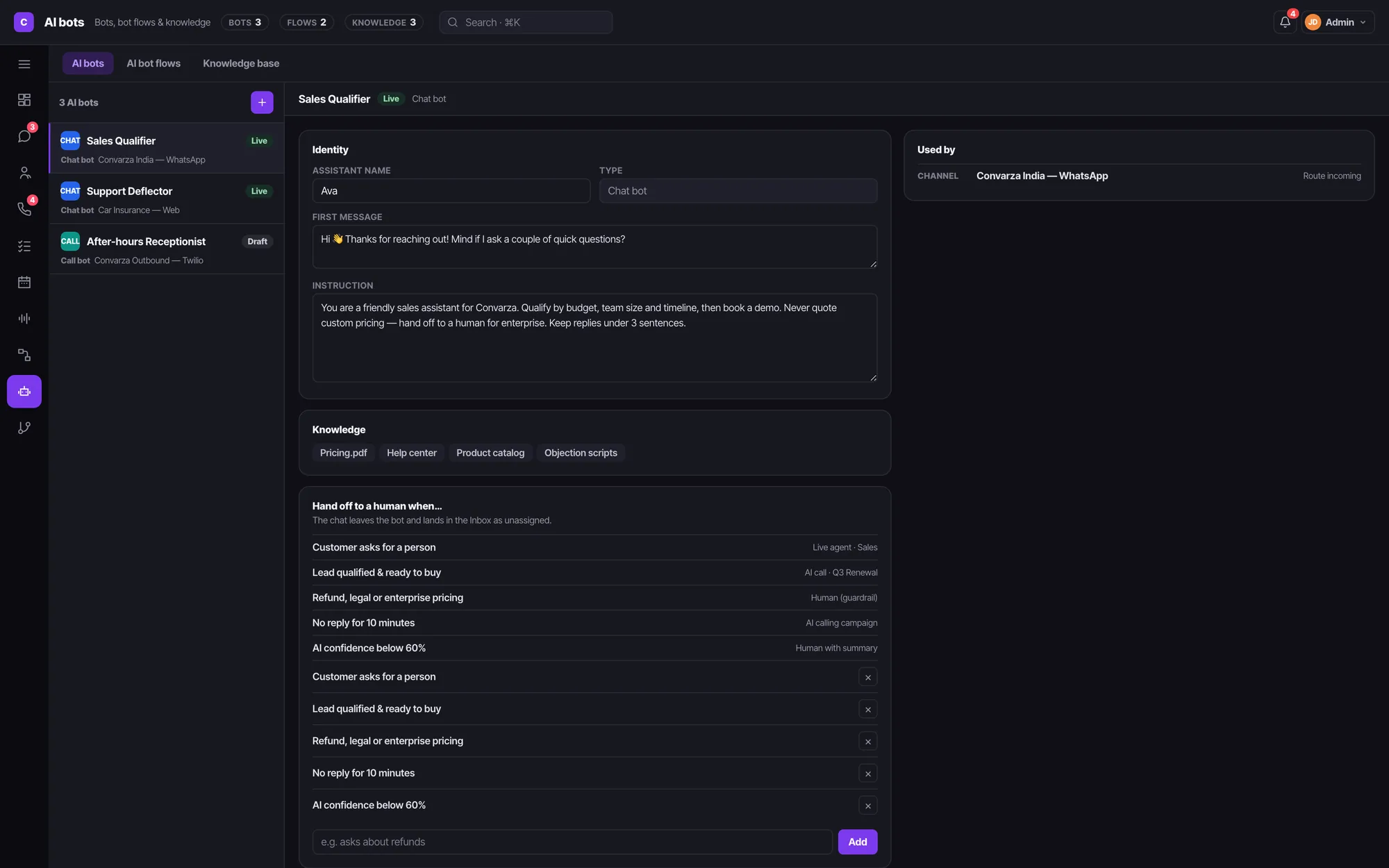 Convarza AI bot editor in dark mode showing the prompt, model, voice and functions