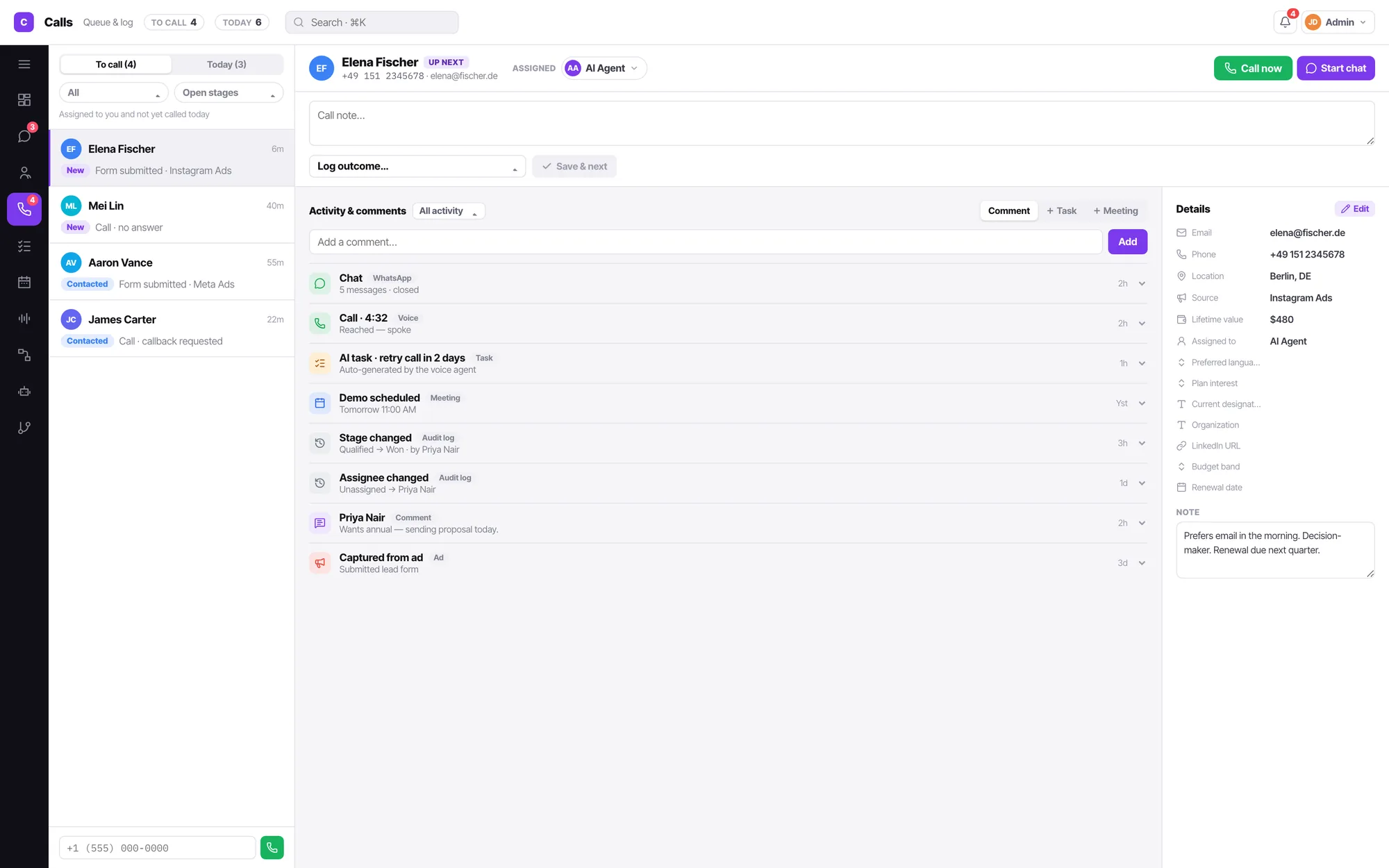The Convarza AI calling list with assignee and lead-stage filters and the call outcome logger