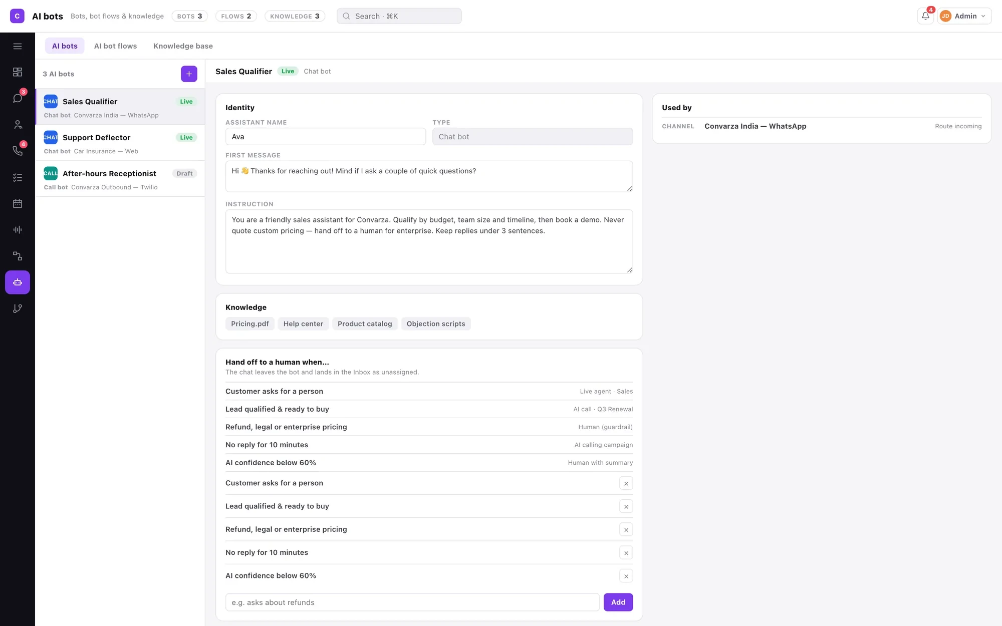 The bot editor: prompt and first message, the knowledge base it answers from, the functions it may call, the model, and the conditions that hand over to a person.