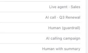 Each condition names where it goes: a live agent on a team, an AI call on a campaign, a guardrail, or a human with a summary.