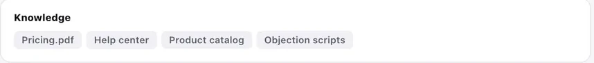 A knowledge base attached to a bot: a pricing PDF, the help centre, a product catalogue and objection scripts. One base, several sources.