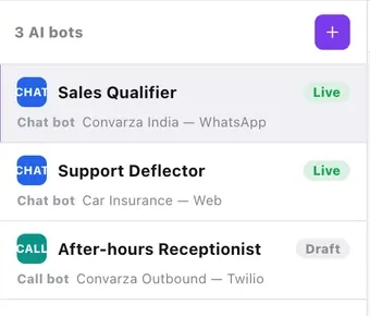 The bot list. Each row carries a CHAT or CALL badge, a Live or Draft state, and the channel it serves.