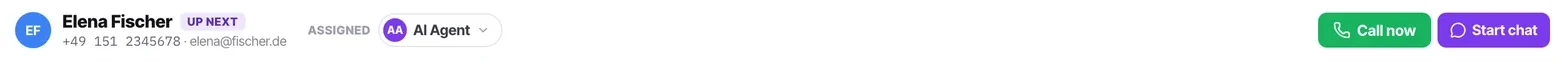 The contact header: name, an UP NEXT marker, who it is assigned to, and both Call now and Start chat.