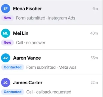The list: each contact with their lead stage and what last happened — a form submission, a call with no answer, a callback requested.