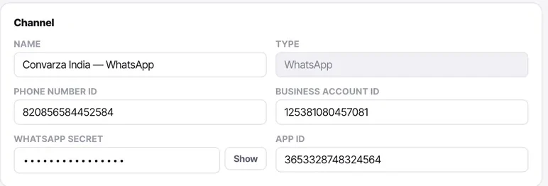 A WhatsApp connection card: phone number ID, business account ID, a masked secret with Show, and the app ID.