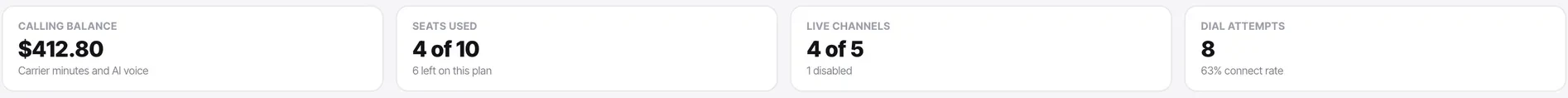 Seats used, with how many are left, alongside the calling balance and channel health.