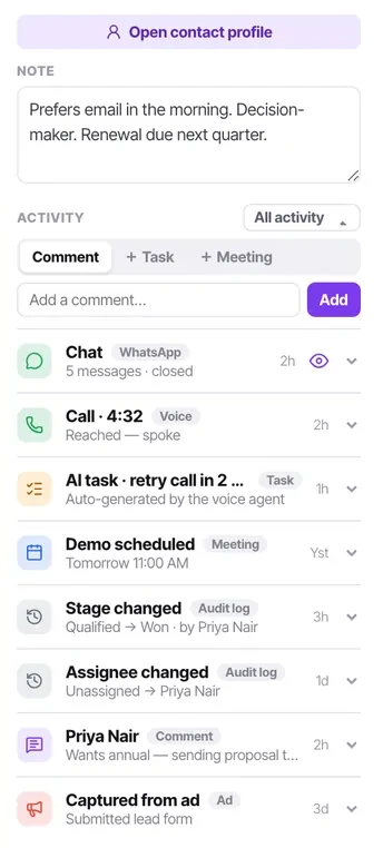 The contact panel: a note, the composers for comments, tasks and meetings, and an activity feed carrying chats, calls, AI tasks, meetings, stage changes and audit entries.