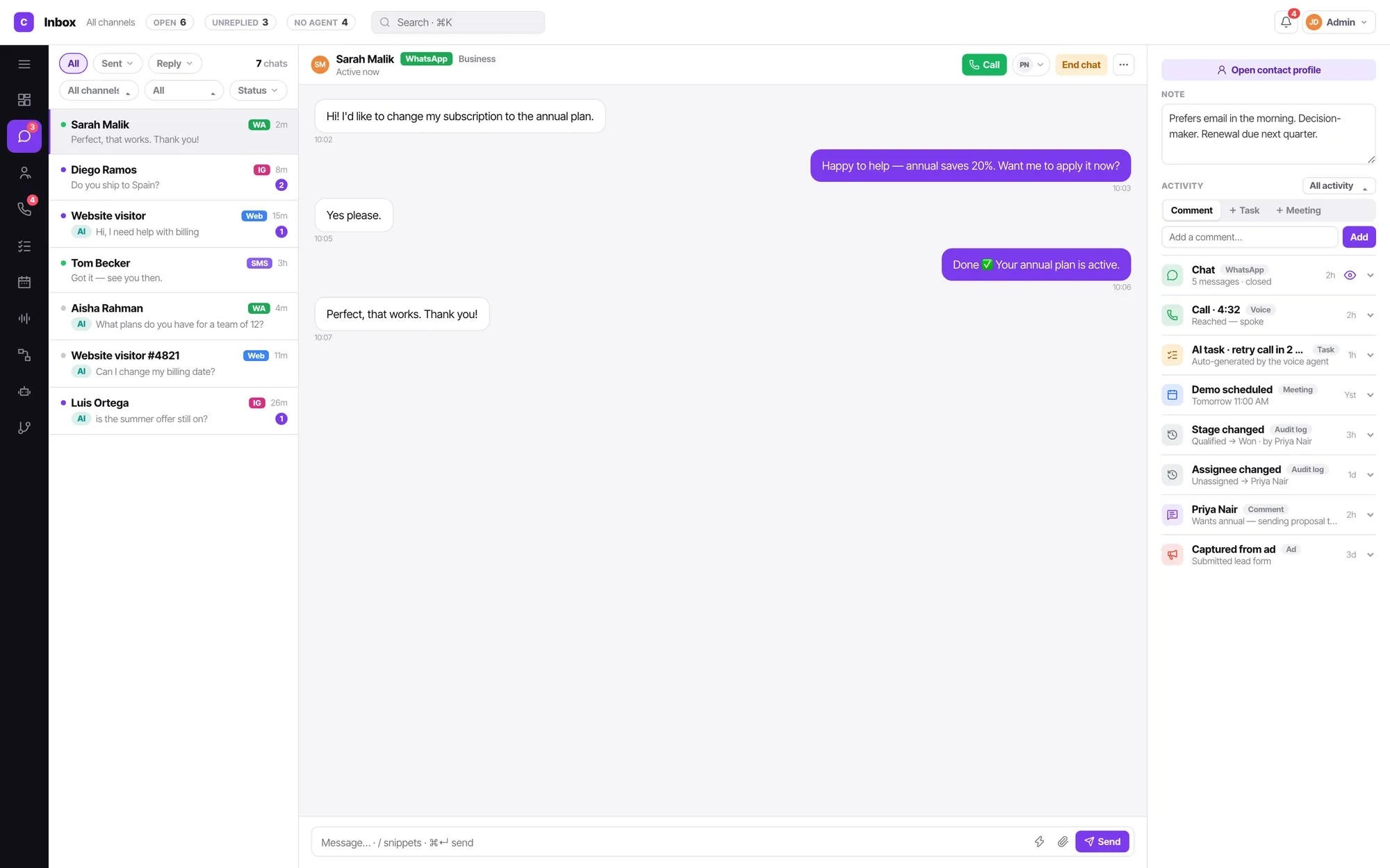 The Inbox: rail on the left, the conversation list, the thread, and the contact record always on the right.