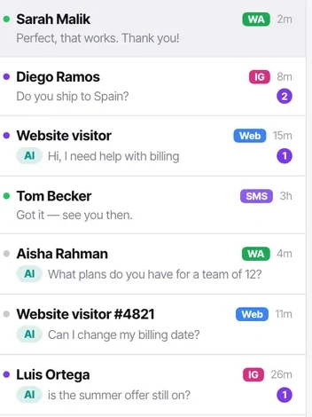 One list, mixing WhatsApp, Instagram, the web widget and SMS. The channel is a chip on each row, not a separate inbox.