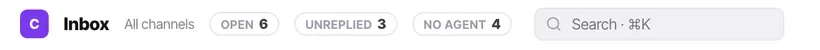 Open, unreplied and no-agent counts, with search beside them. Unreplied is the number most teams should look at first each morning.