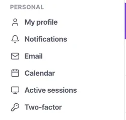 Active sessions and Two-factor sit at the bottom of the PERSONAL group, below your own email and calendar.