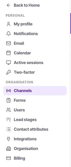 Integrations sits under ORGANISATION with Users and Billing — the admin group.