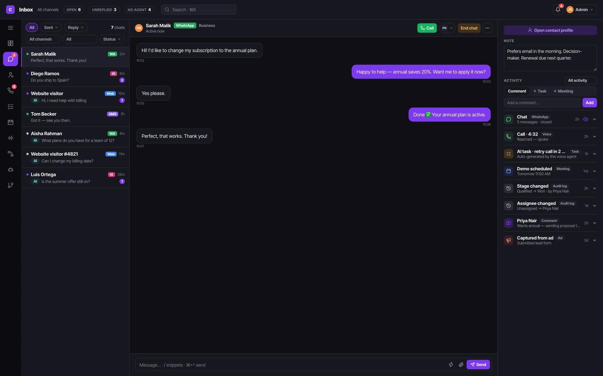 The Convarza AI shared inbox in dark mode, with a conversation and the contact record side by side