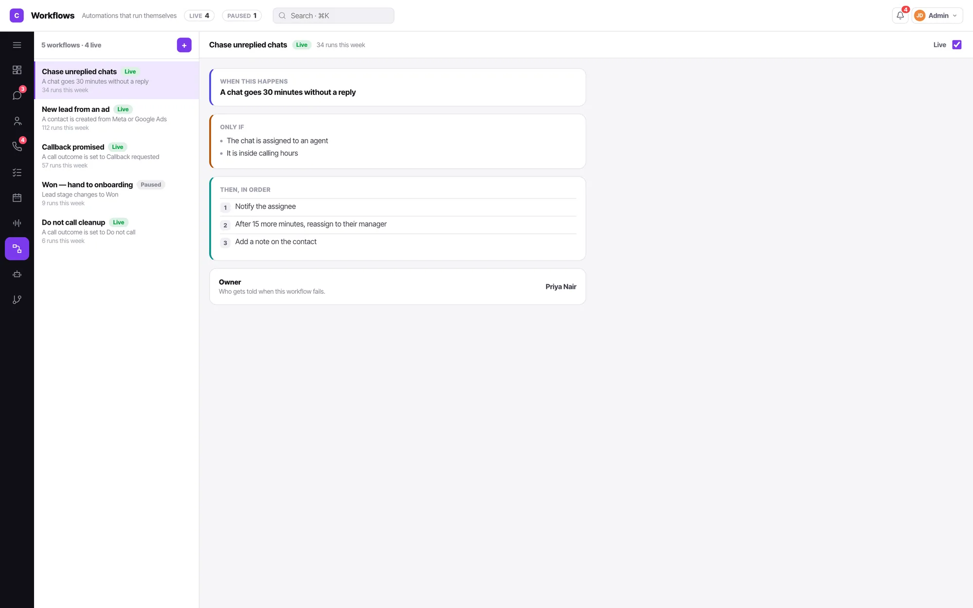 Convarza AI workflow list, each automation written as when this happens, only if, then in order